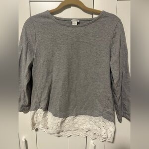 J. Crew Gray Long Sleeve Top with White Lace Hem